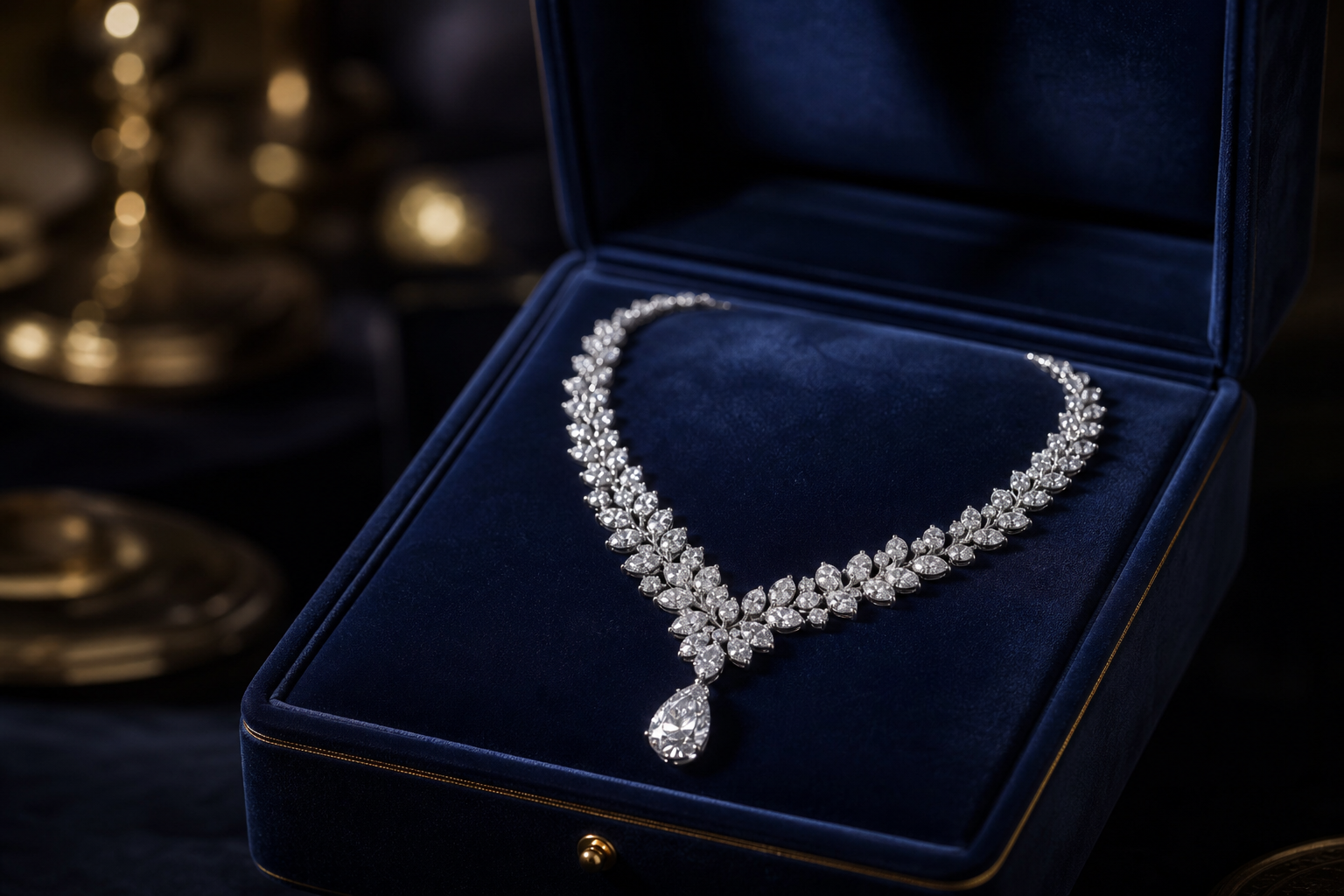 Diamond necklace presented in a luxury jewelry box
